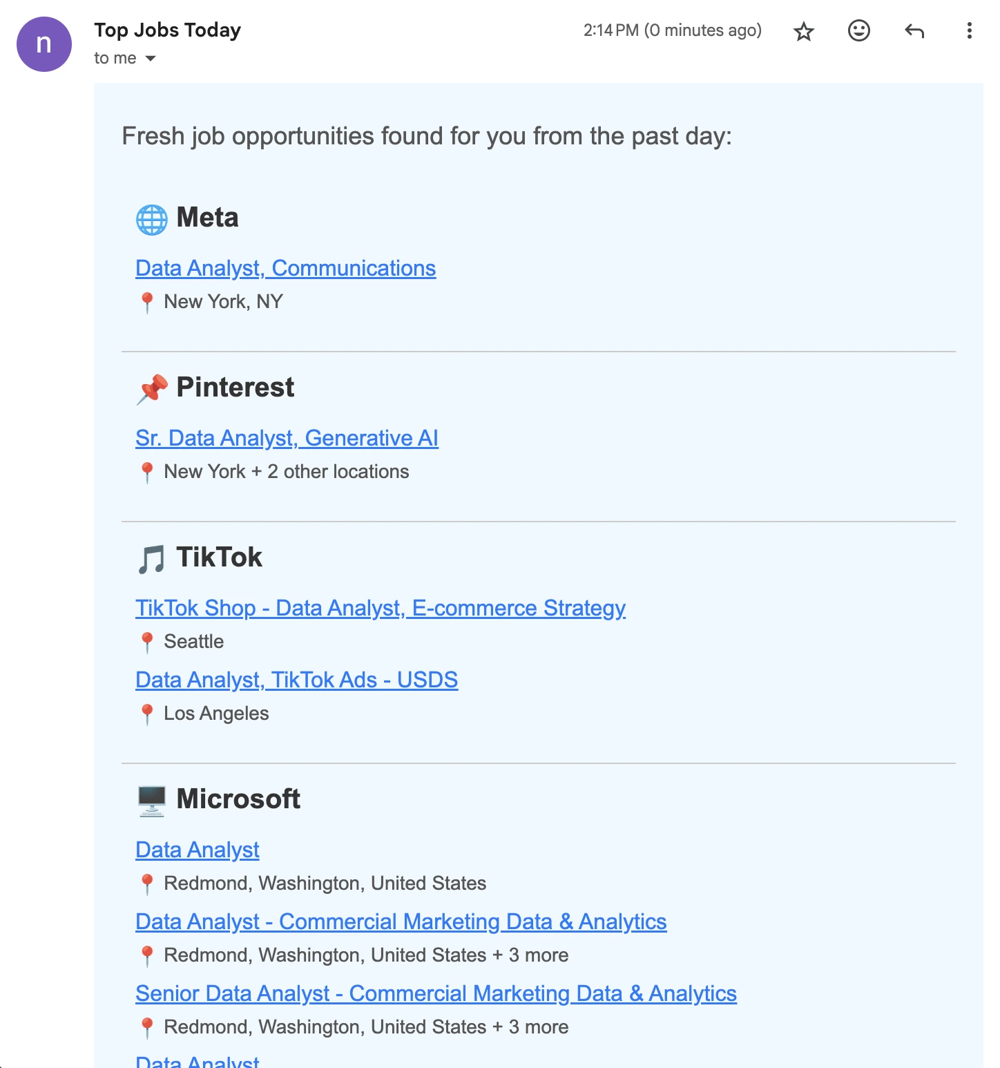 Example of data job email
