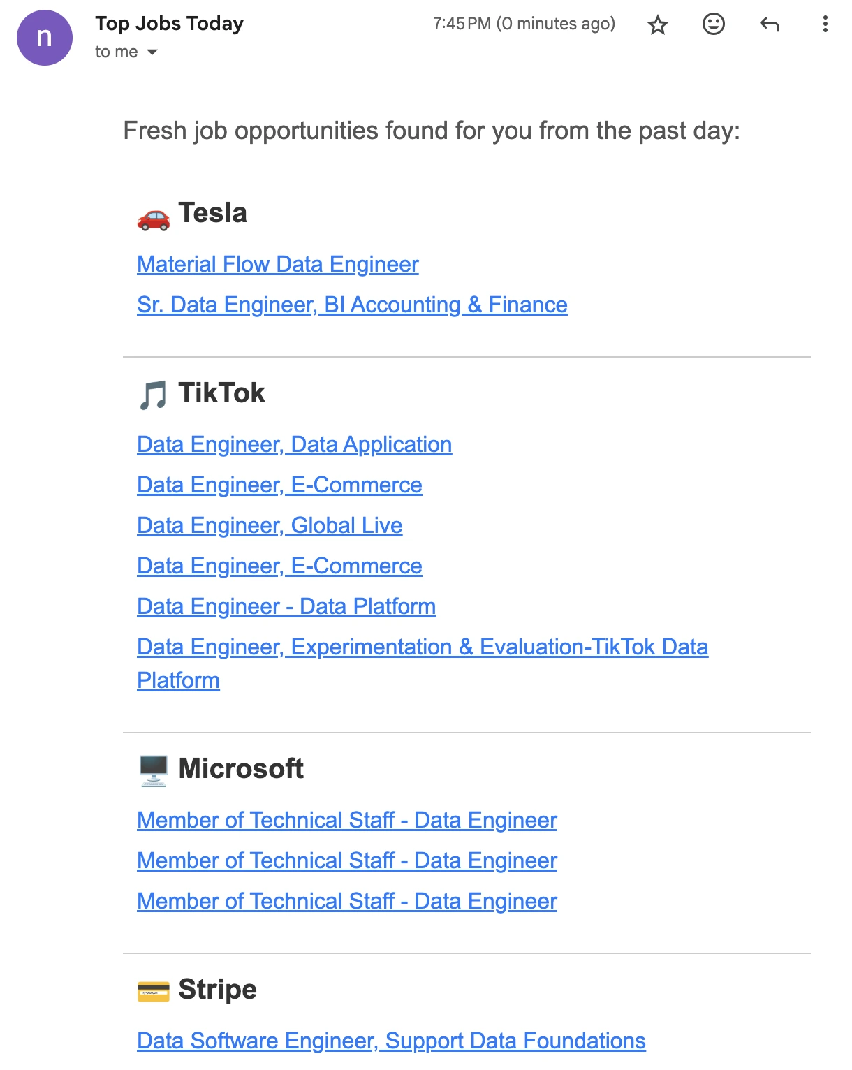 Example of remote Data Engineer email