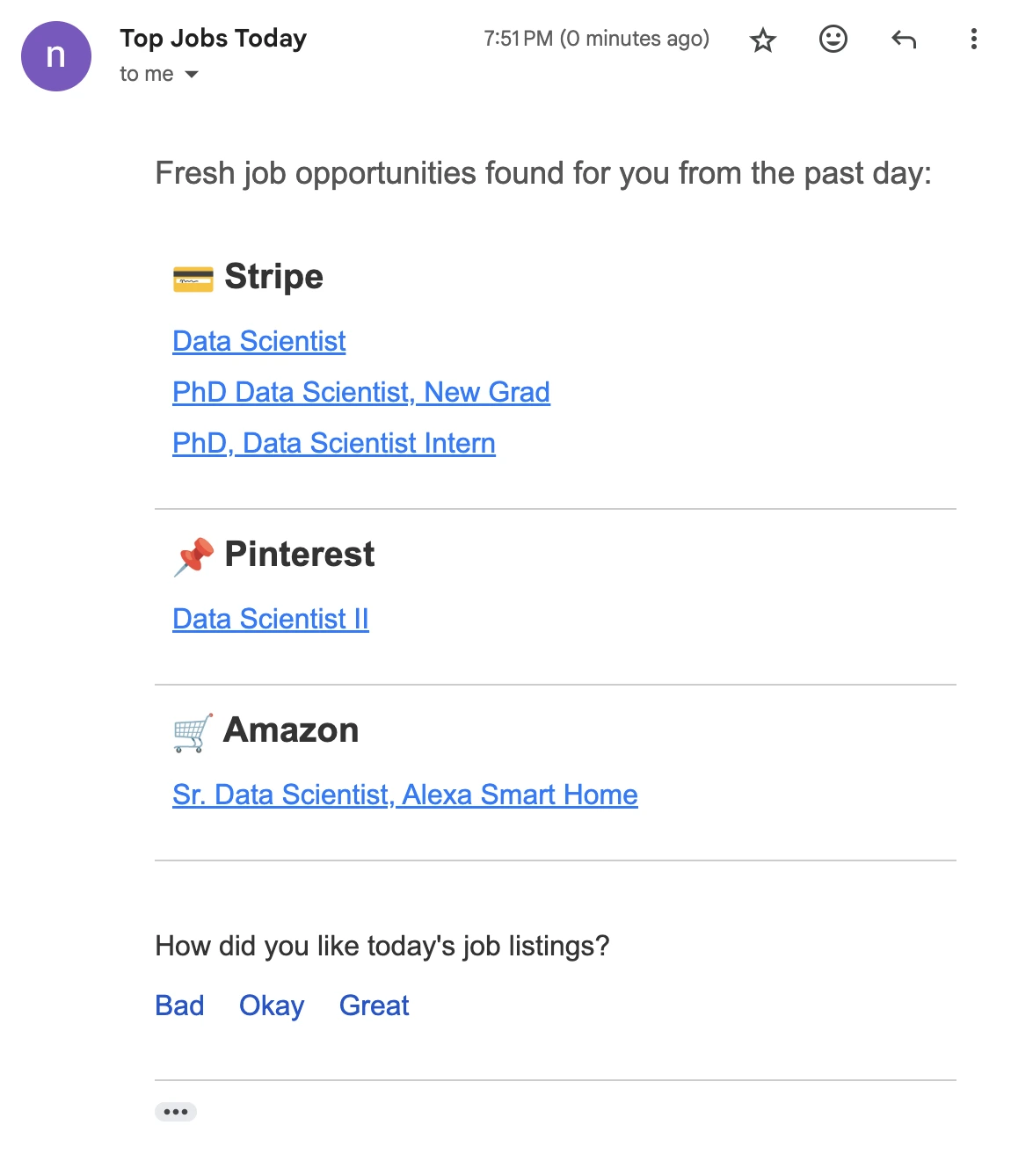 Example of remote Data Scientist email