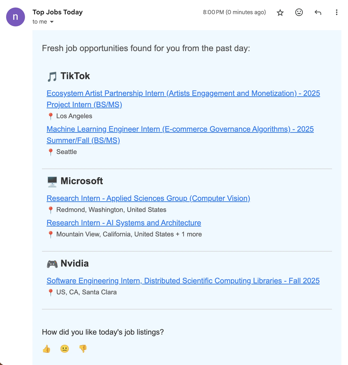 Example of remote internship job alert email