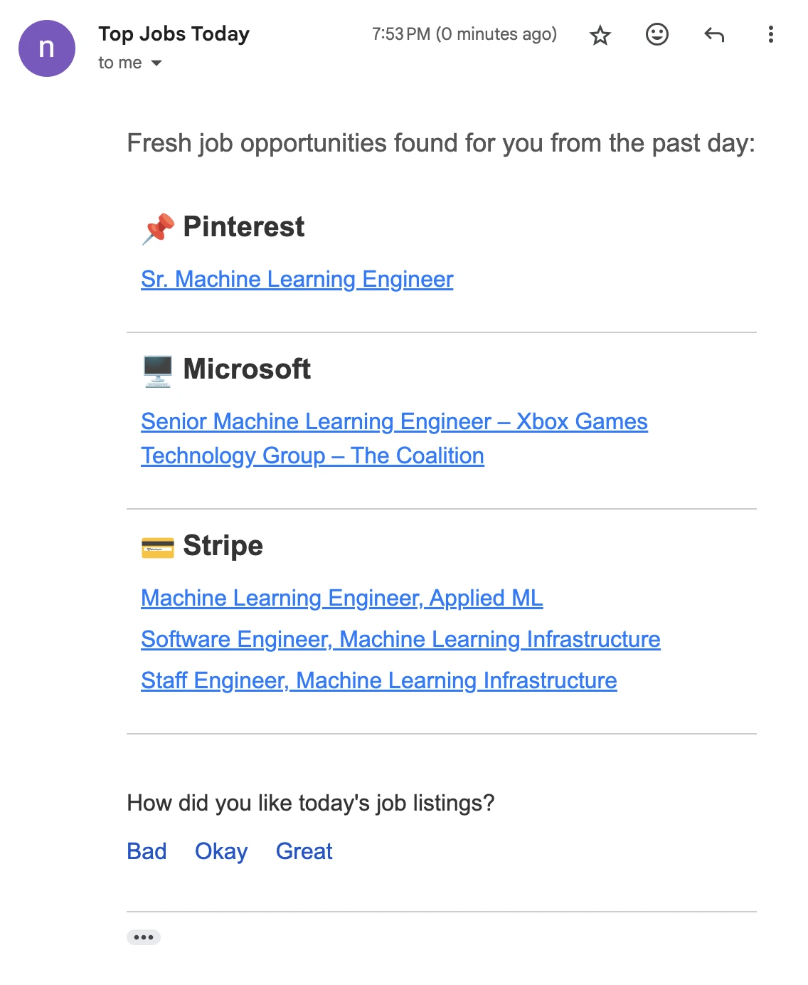 Example of ML job email